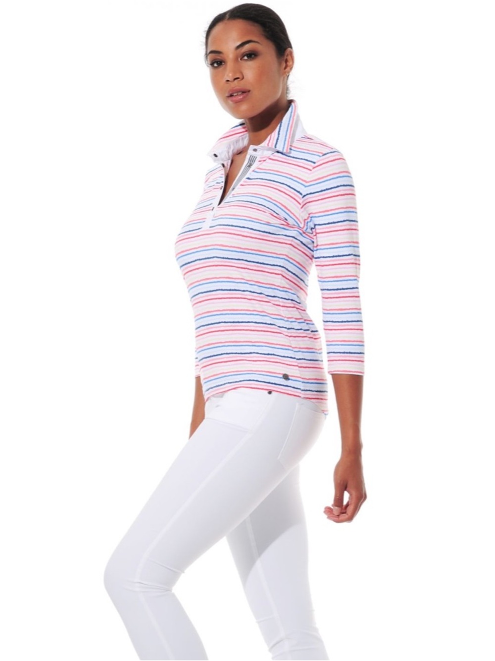$217 MDC Rainbow Stripe Polo Shirt Pink Blue White Short Sleeve Women’s US 6 S - Picture 4 of 10